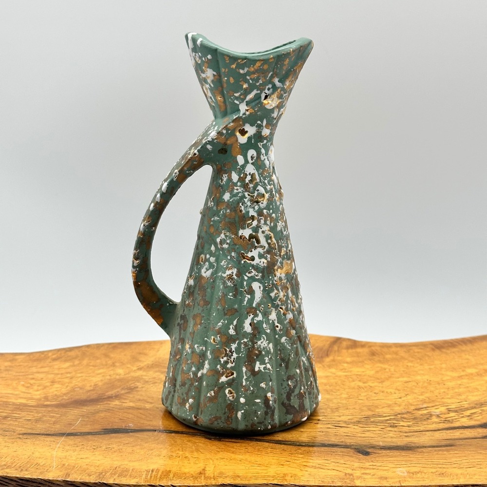 Mid Century Modern Teal Gold Splatter Ceramic Pitcher Ewer Vase MCM 7.5" - Picture 4 of 5